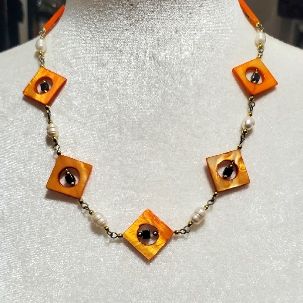 Estate Pearls Orange and Black Square Necklace